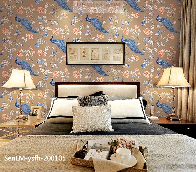 森林木凤凰系列中式壁纸，背景墙，适合很多地方使用较温馨的卧室背景墙
